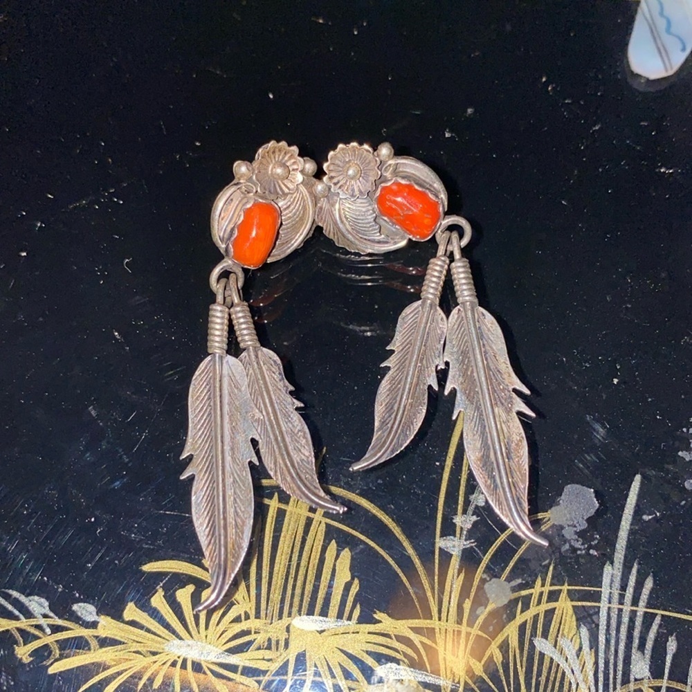 Navajo Sterling Silver Coral Feather Earrings